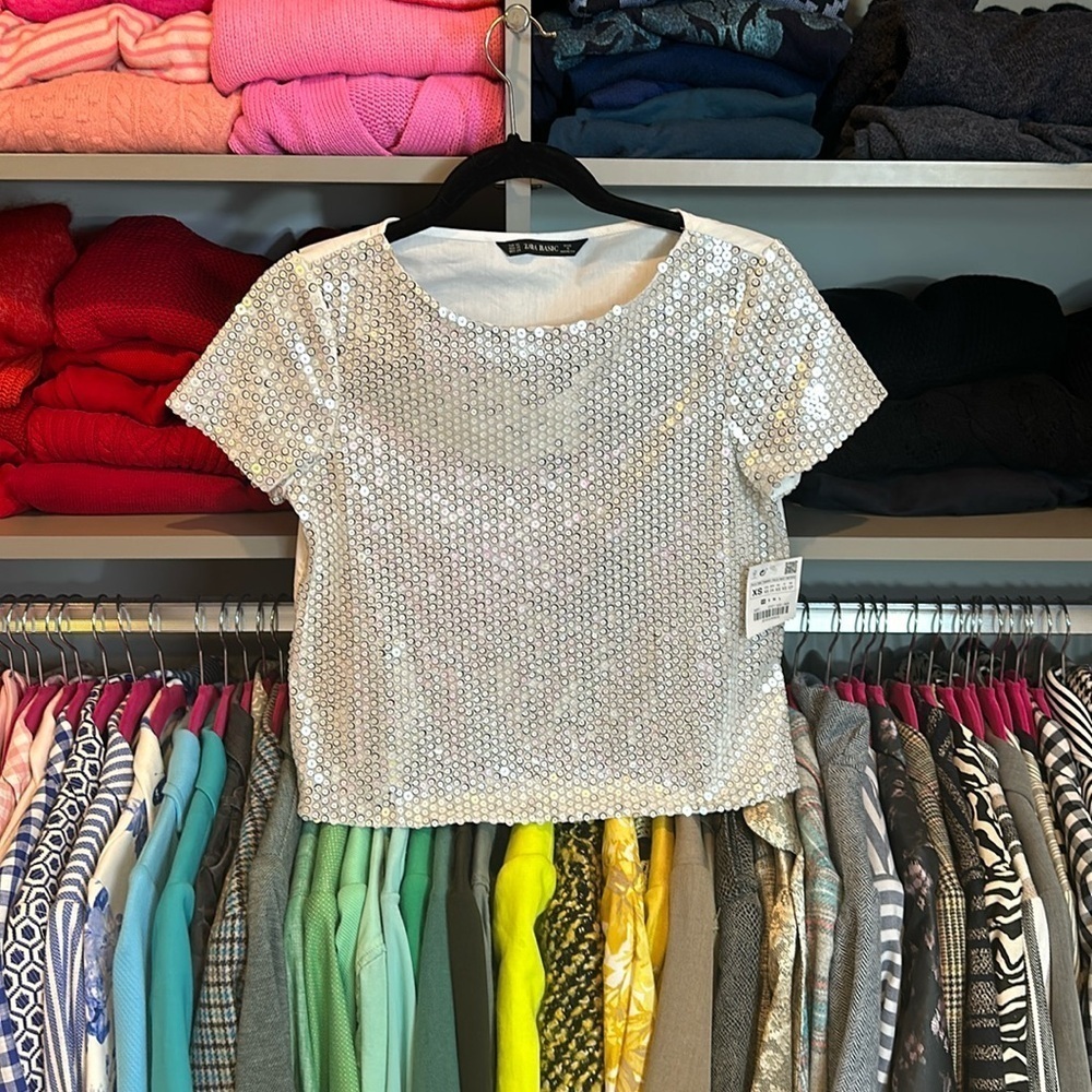 Zara Woman white with iridescent sequins short sleeve top size size XS NWT